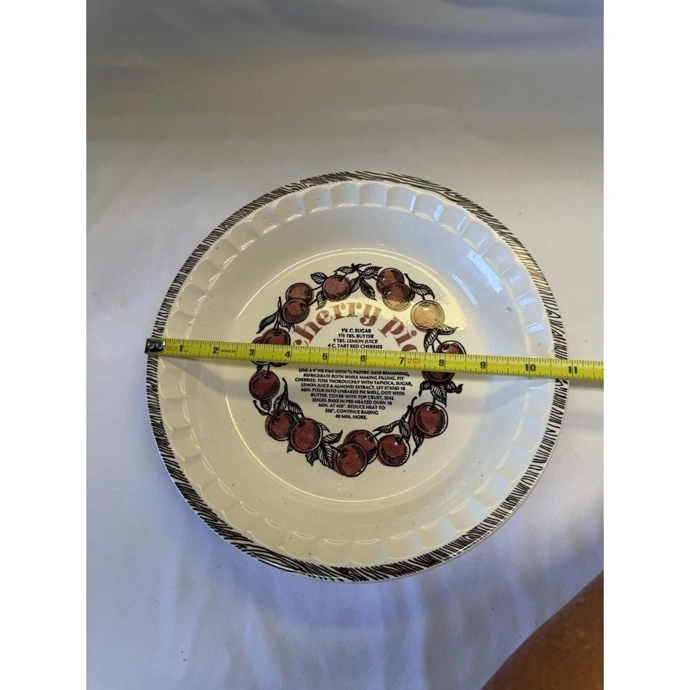 VTG Cherry Pie Recipe Ceramic Pie Dish White Red Black Made In USA